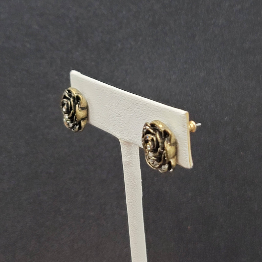 Pierced Earrings Antiqued Gold tone AB Crystal Flower Rose Studs 1/2"