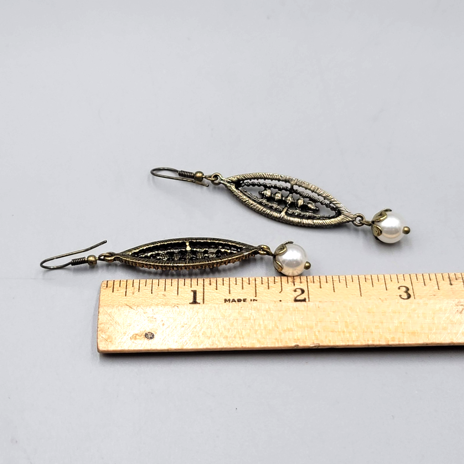 Faux Pearl Rhinestone Long Pierced Earrings Bronze tone Dangle 2 in