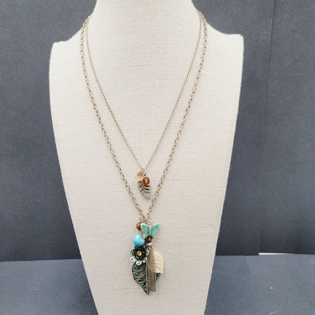 Boho Charm Necklace Layered Double Chain Silver tone Butterfly Leaf Enamel 16"