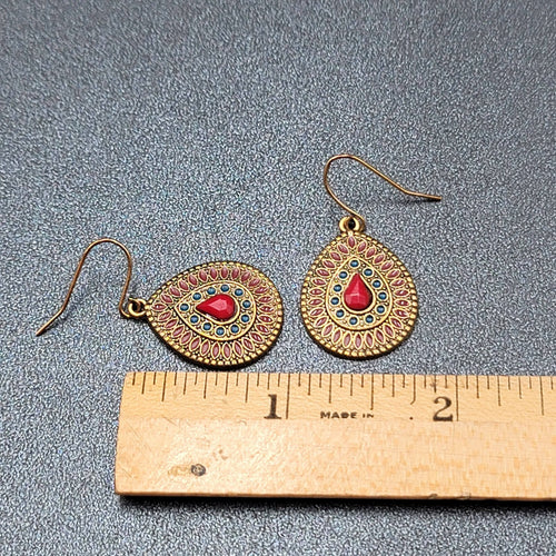 Boho Pierced Earrings Gold tone Teardrop Medallion Dangle 1"