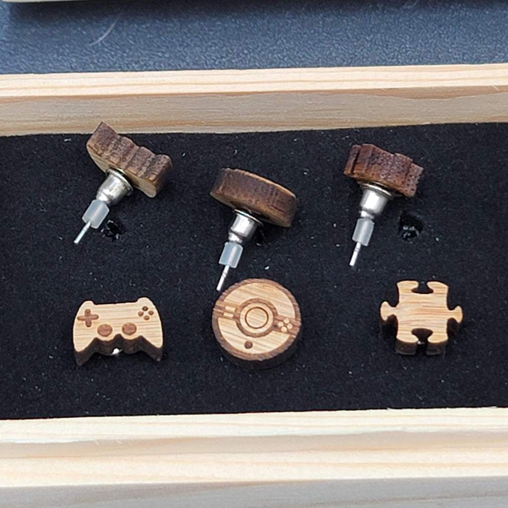 Wood Laser Cut Pierced Earrings Studs Game Controller Poke Ball Puzzle Pieces