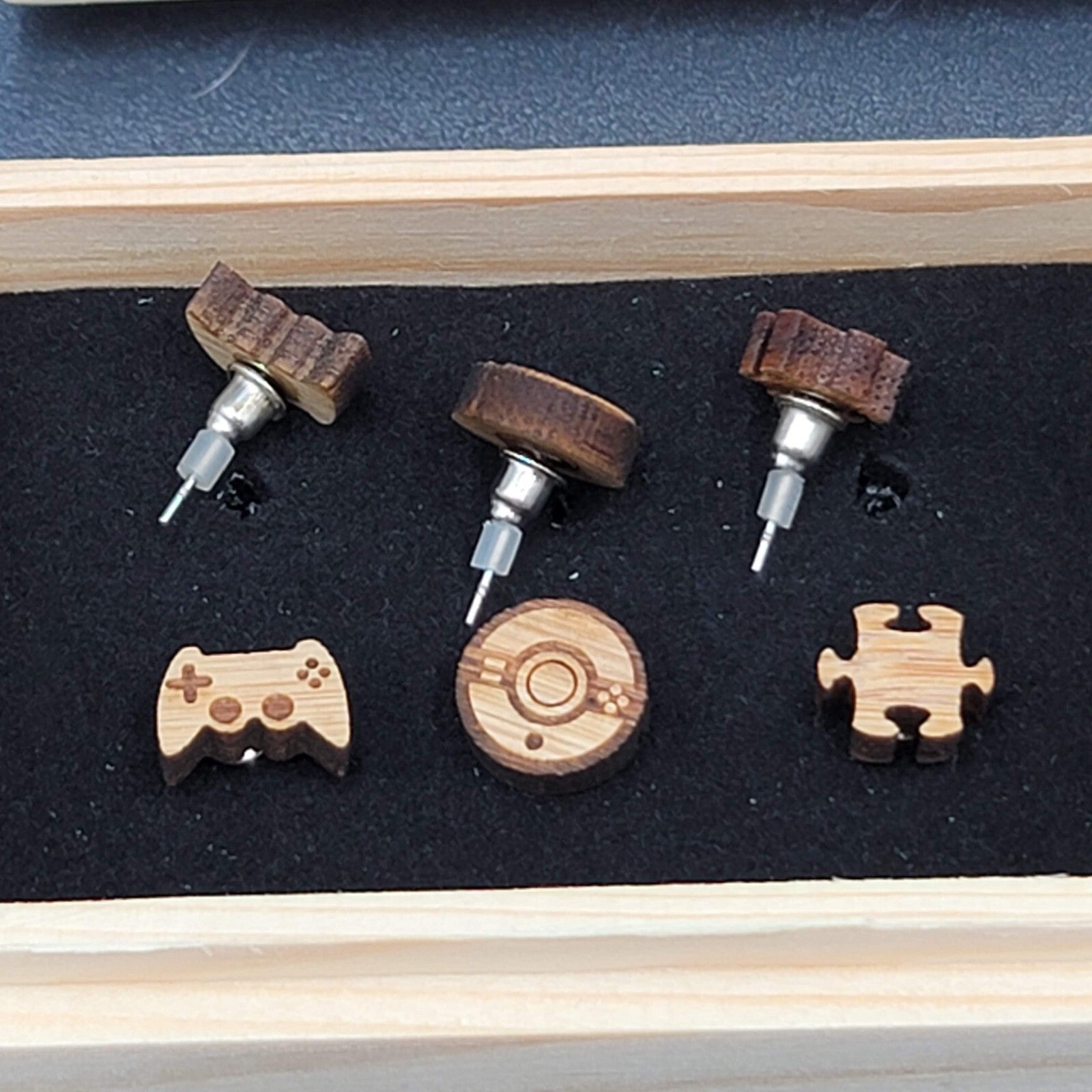 Wood Laser Cut Pierced Earrings Studs Game Controller Poke Ball Puzzle Pieces