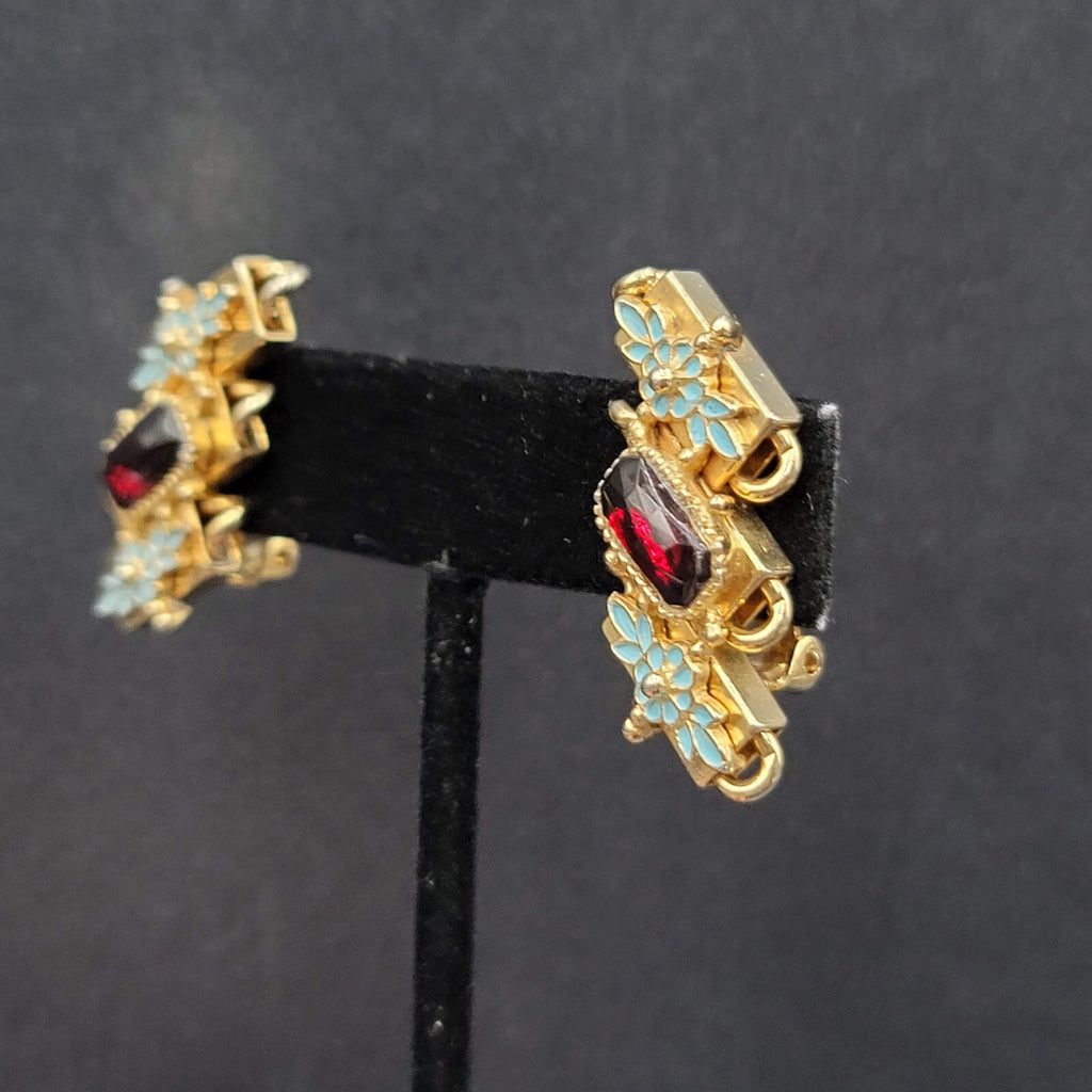Vintage Clip on Earrings Gold tone Blue Enamel Red Rhinestone Climber 1 3/8"