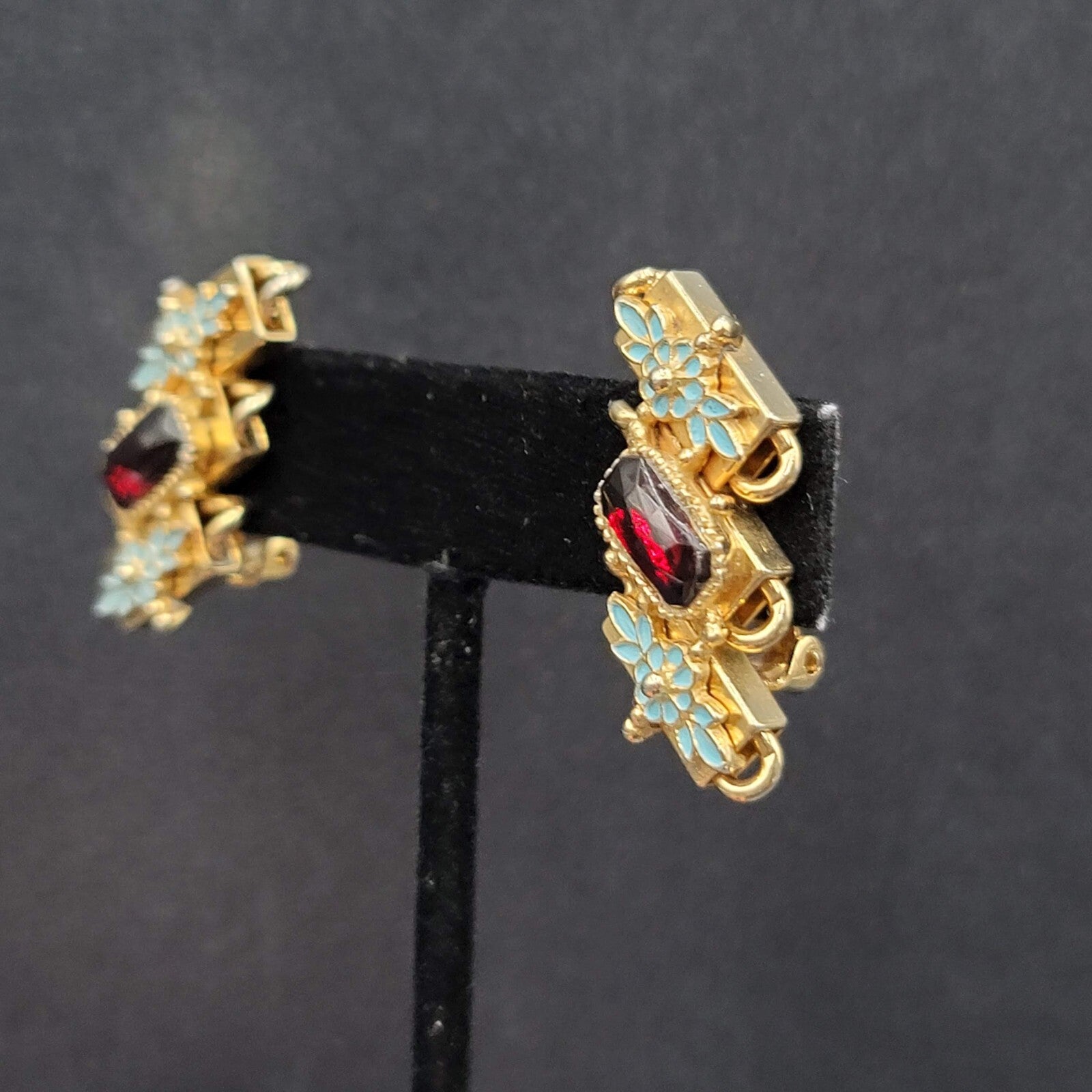 Vintage Clip on Earrings Gold tone Blue Enamel Red Rhinestone Climber 1 3/8"