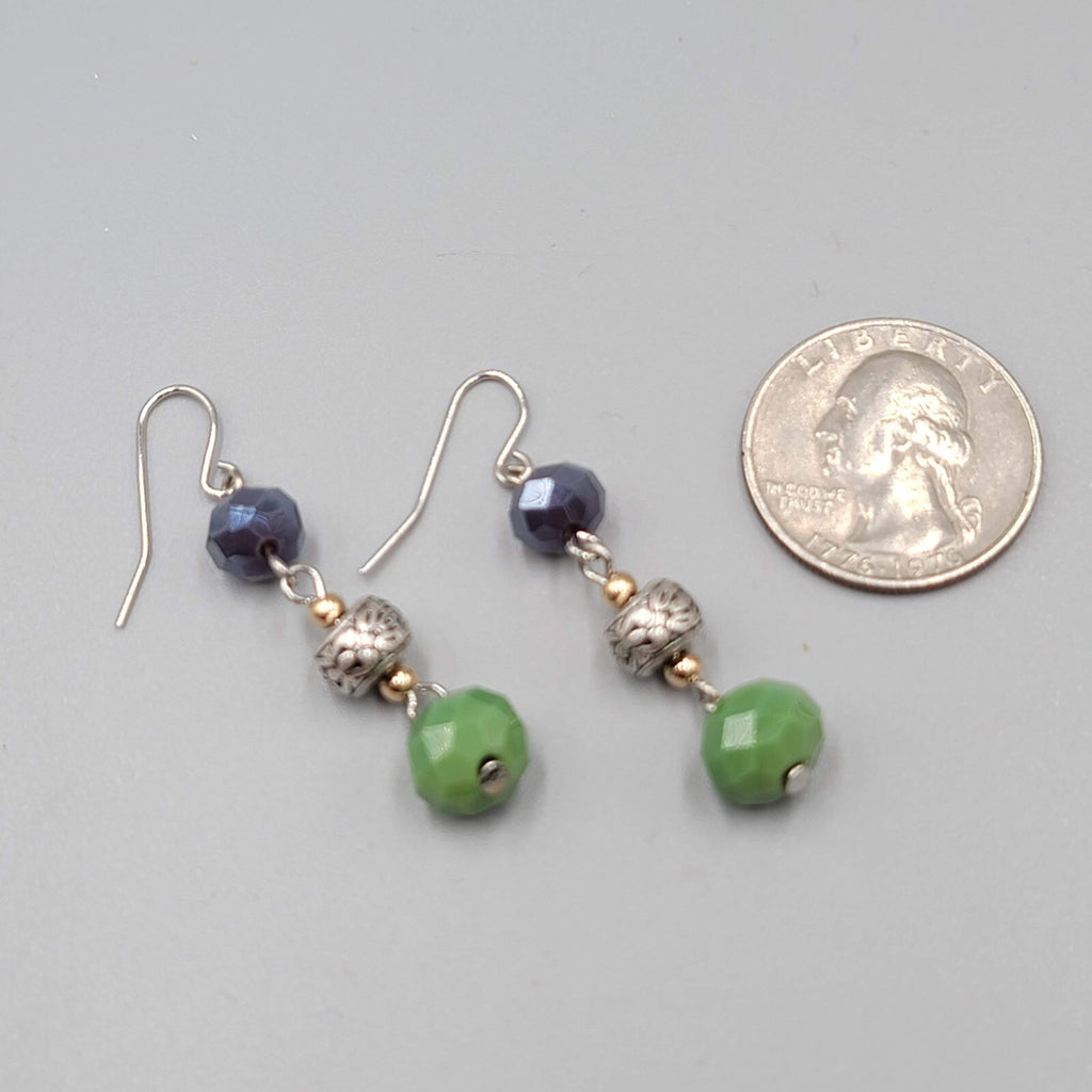 Pierced Earrings Silver tone Purple Green Glass Beads Dangle 1.5"