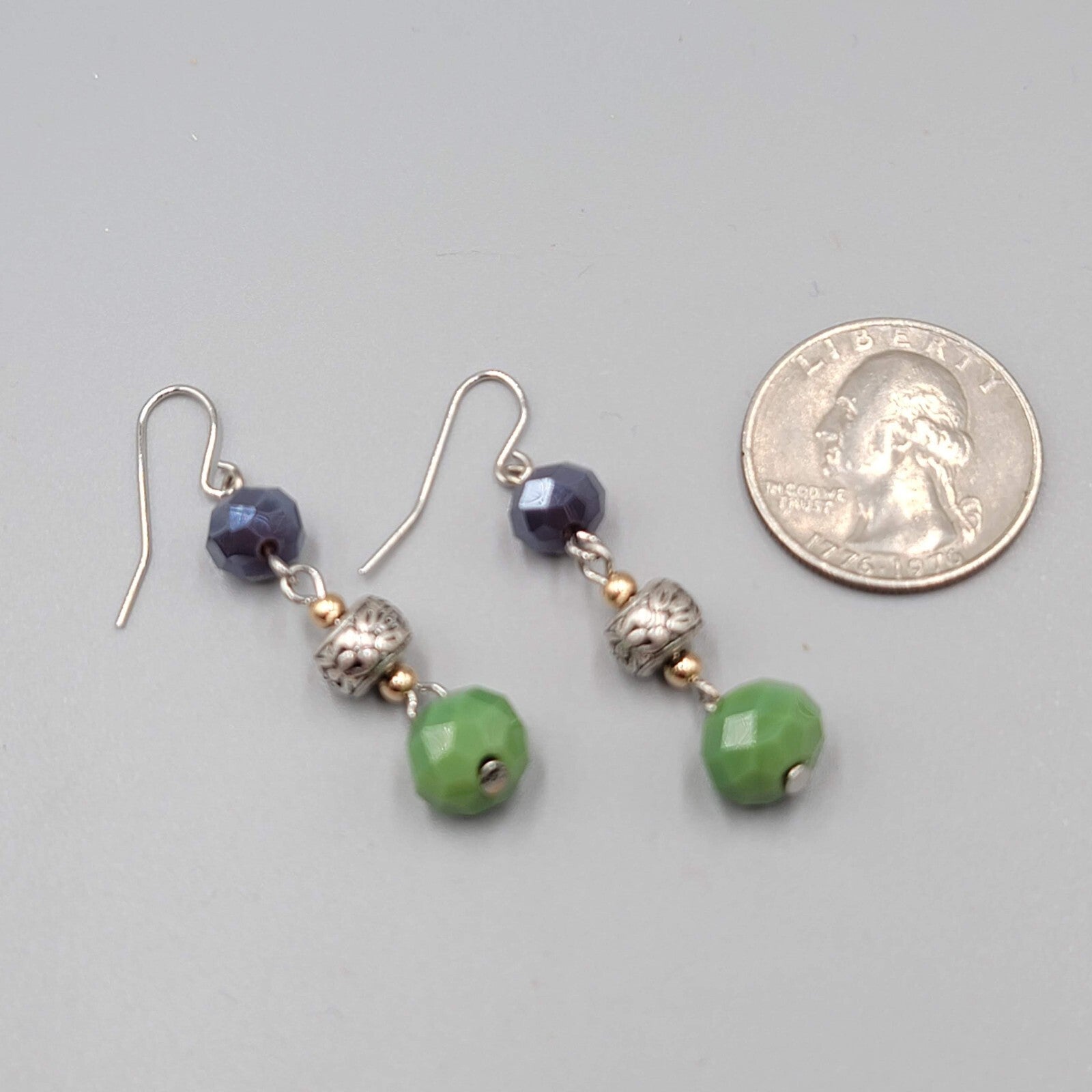 Pierced Earrings Silver tone Purple Green Glass Beads Dangle 1.5"