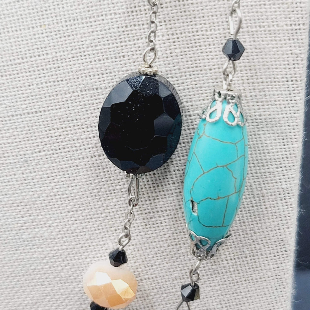 Blue Black White Stone Station Beaded Necklace Silver tone Layered  24"