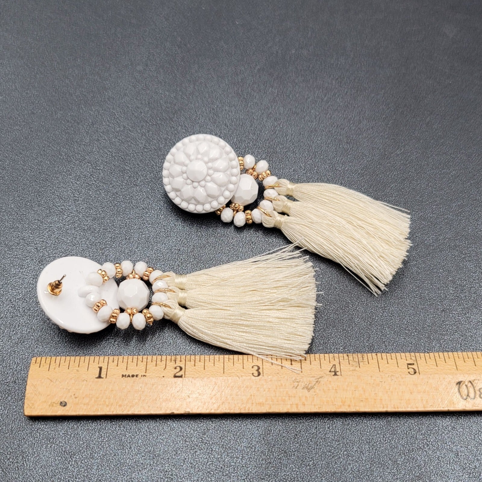Large Statement Pierced Earrings White Acrylic Tassel Dangle 3.5"