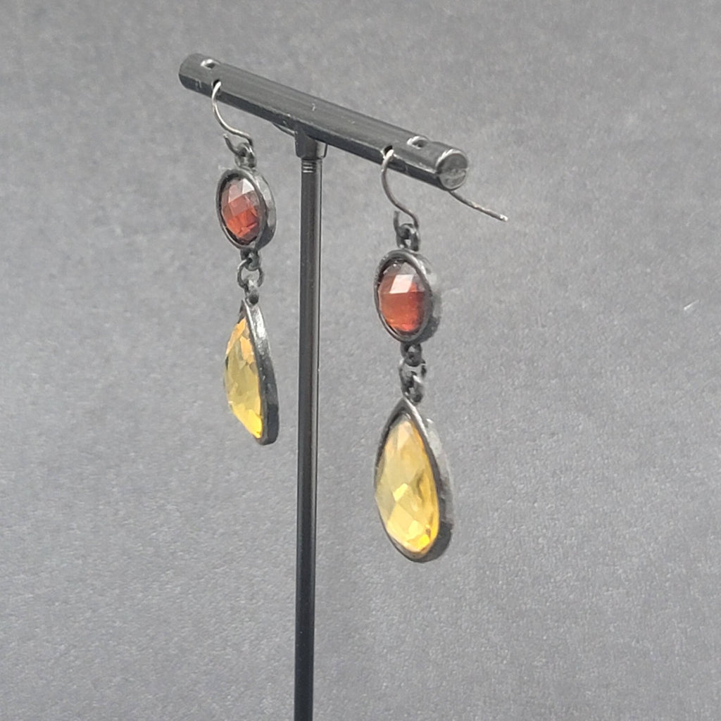 Pierced Earrings Black Metal Orange Yellow Acrylic Dangle 1.5"