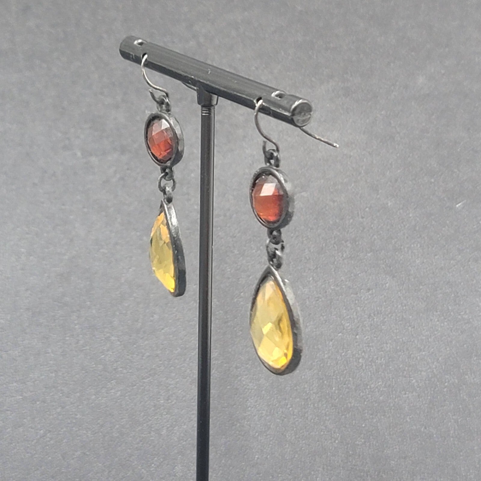Pierced Earrings Black Metal Orange Yellow Acrylic Dangle 1.5"