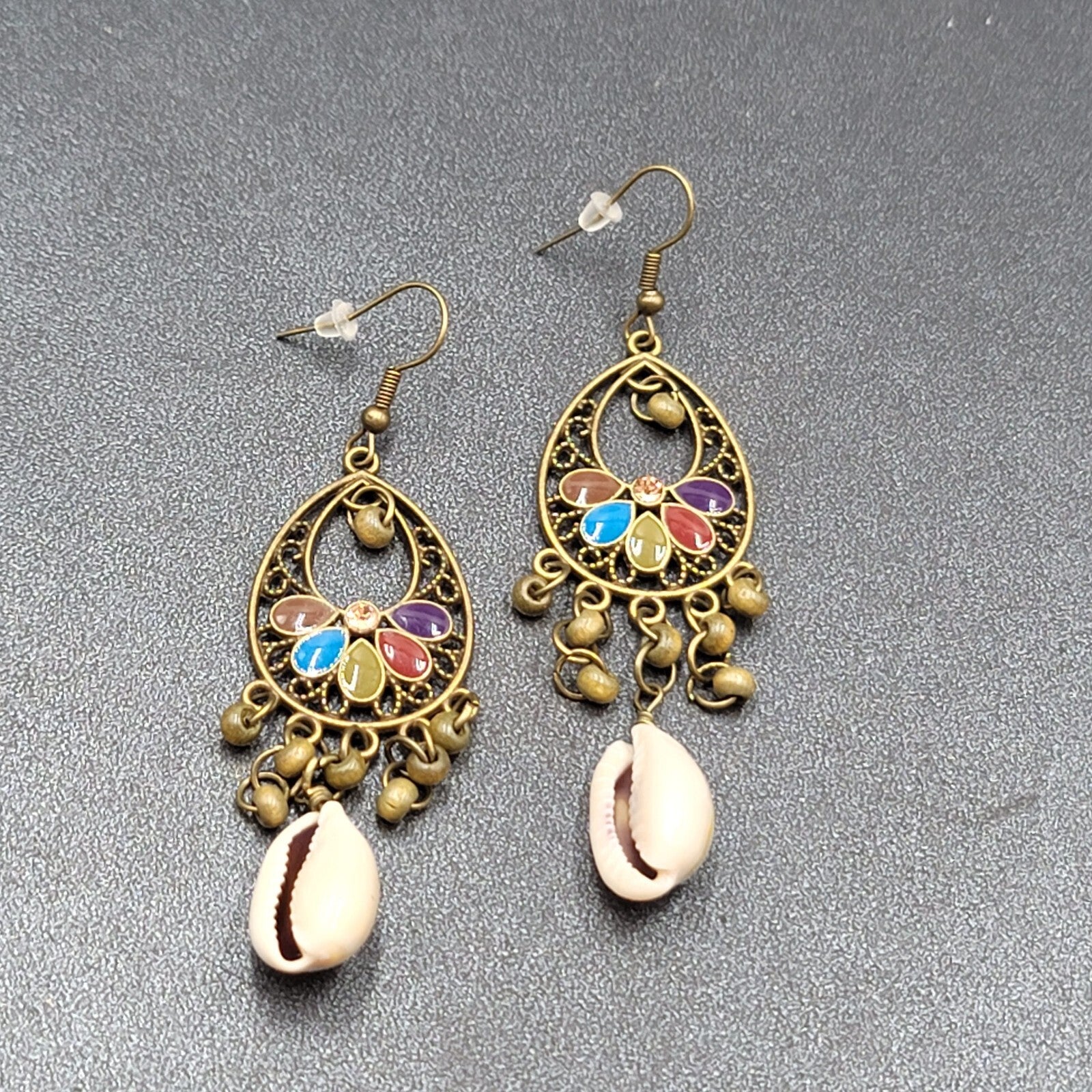 New Boho Pierced Earrings Bronze tone Multicolor Enamel Cowrie Shell 2.5"