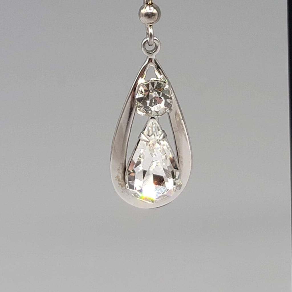 Dangle Crystal Pierced Earrings Silver tone Teardrop Sterling Hooks 1 1/8"