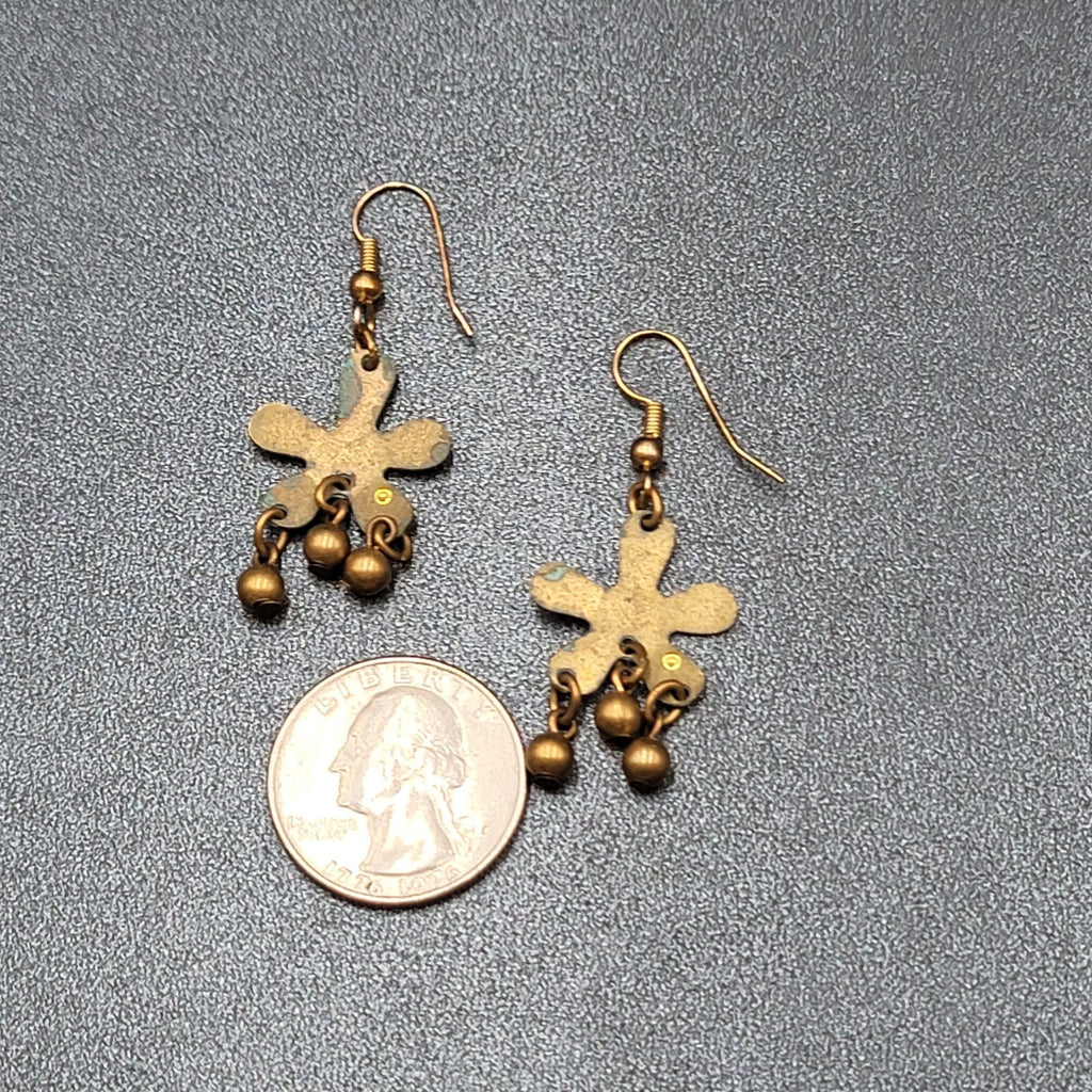 Pierced Earrings Brass Flower Blue Enamel Dangle 1.25"