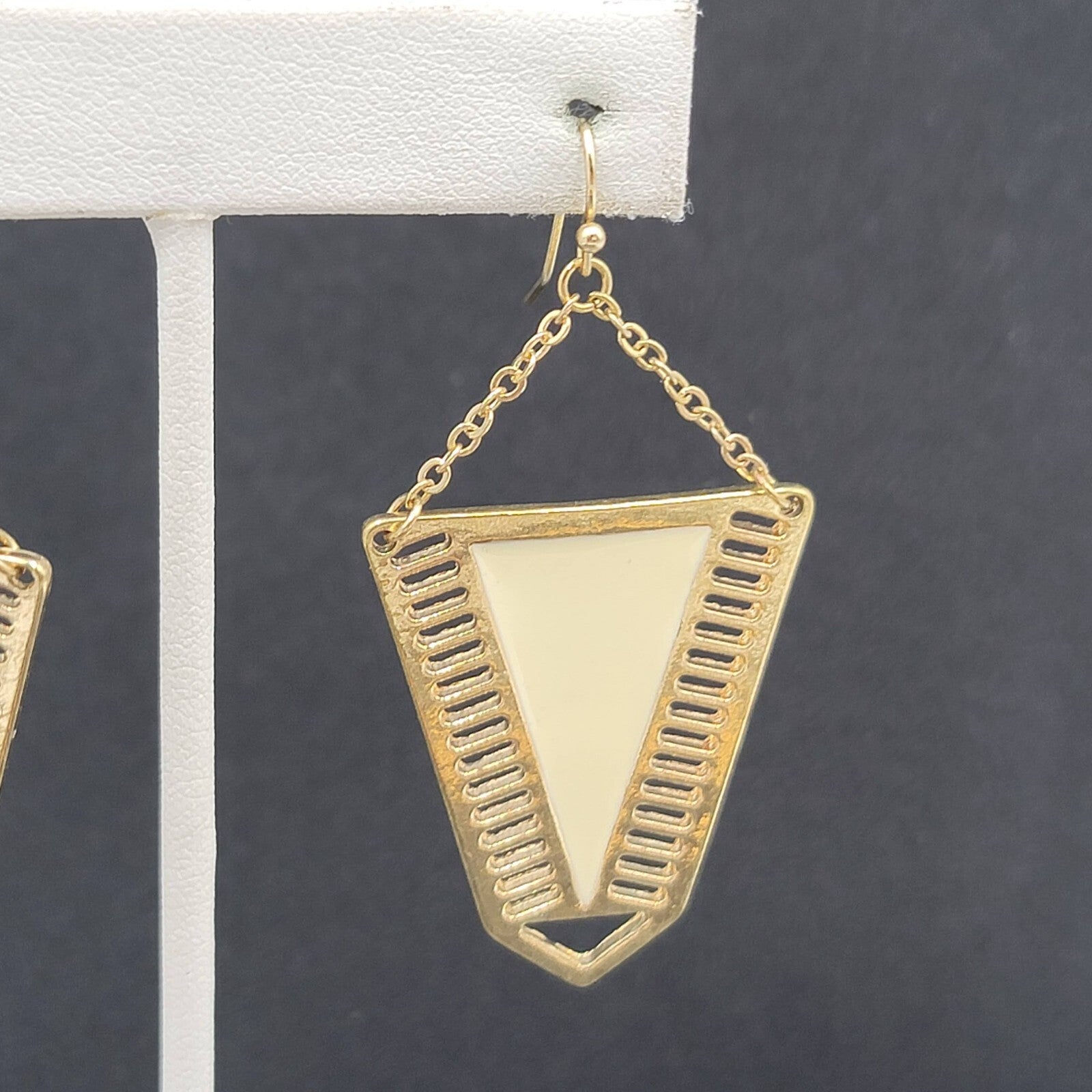 Pierced Earrings Gold tone Cream White Enamel Statement Dangle 2 1/8"