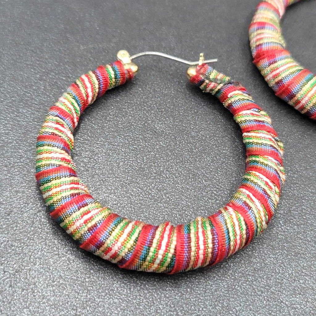 Pierced Earrings Plaid Fabric Wrapped Large Hoops  2"