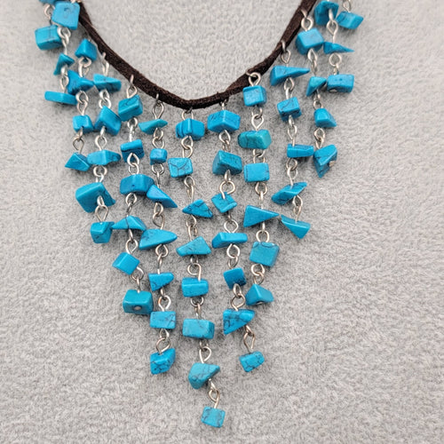 Blue Howlite Stone Chip Beads Waterfall Necklace Brown Suede Leather 16"-20"