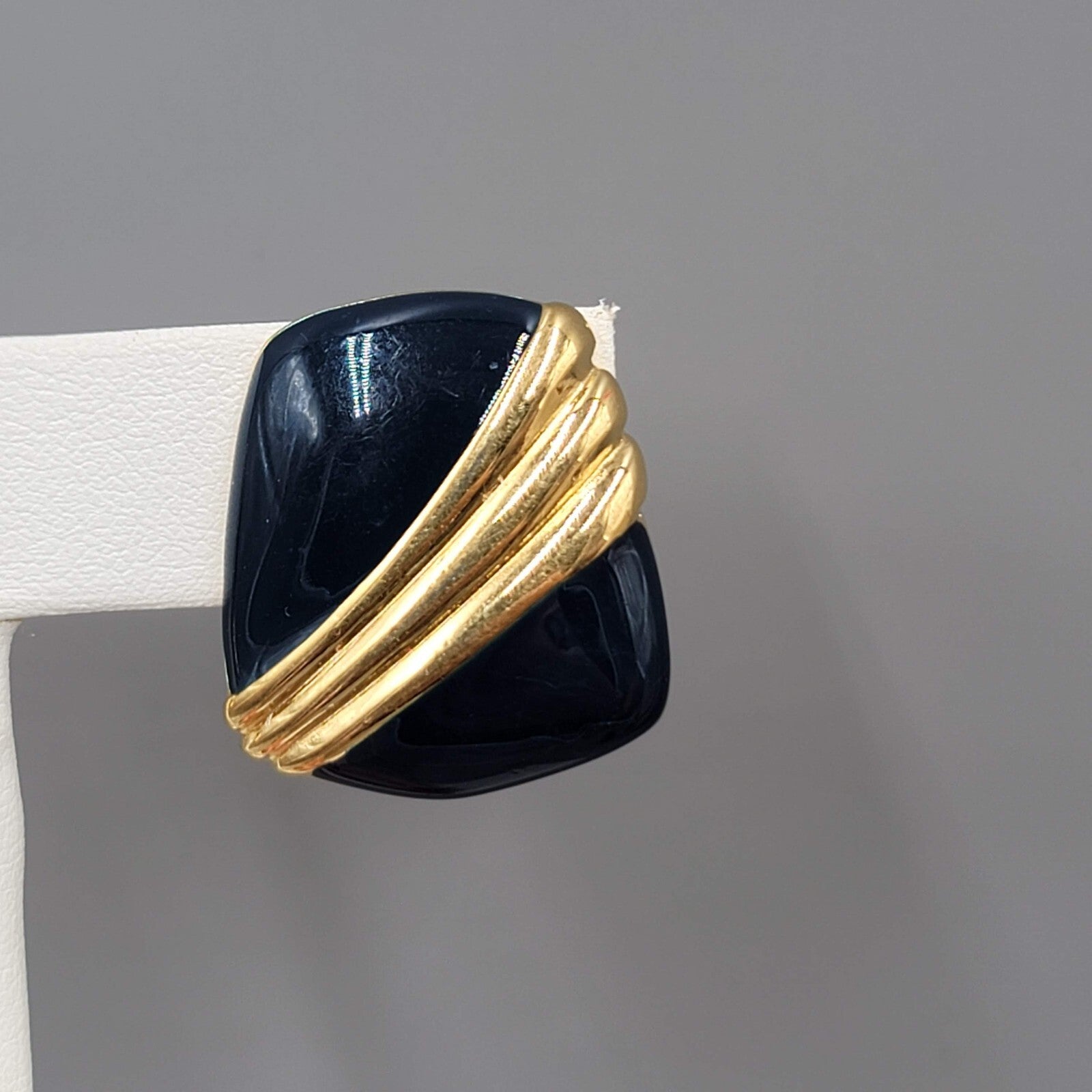 Vintage Monet Clip on Earrings Navy Blue Enamel Drop 7/8"