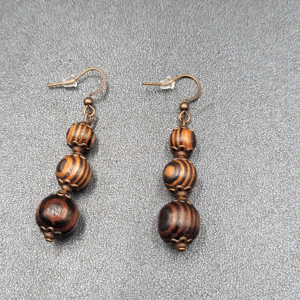 New Boho Pierced Earrings Copper tone Capped Wood Beads Dangle 1.5"