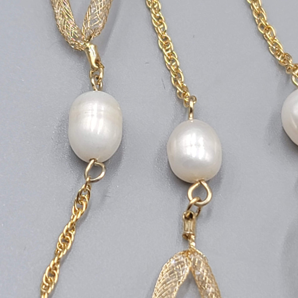 Long Dainty Pearl Necklace Gold Plated Mesh Clover Station 40"-42"