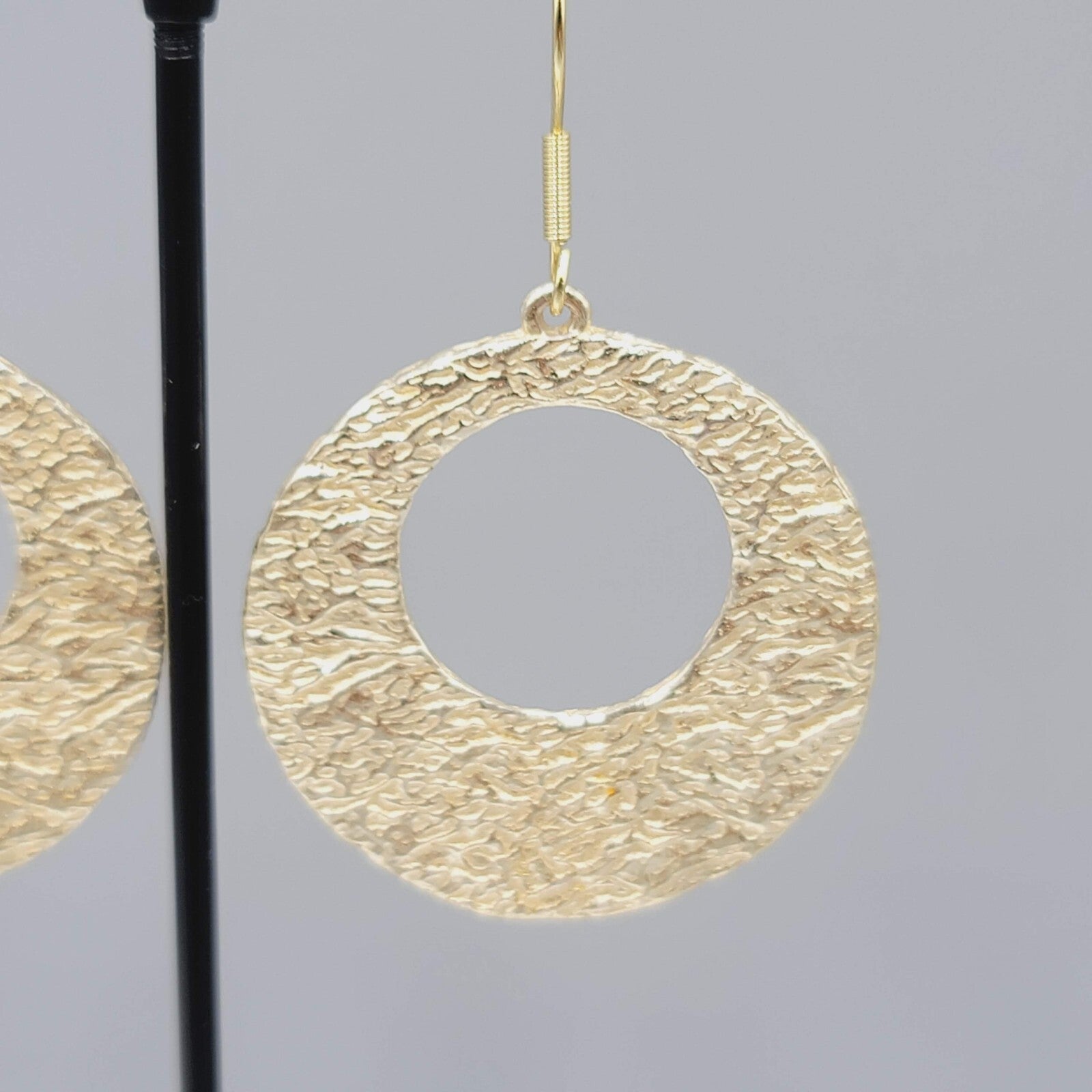 Pierced Earrings Gold tone Hoops Dangle Nugget Embossed Design 1.5"