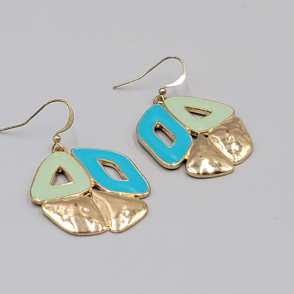 Pierced Earrings Gold tone Blue Enamel Dangle 1.5"