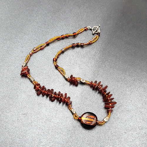 Amber and Glass Beaded Pendant Necklace Boho 18"