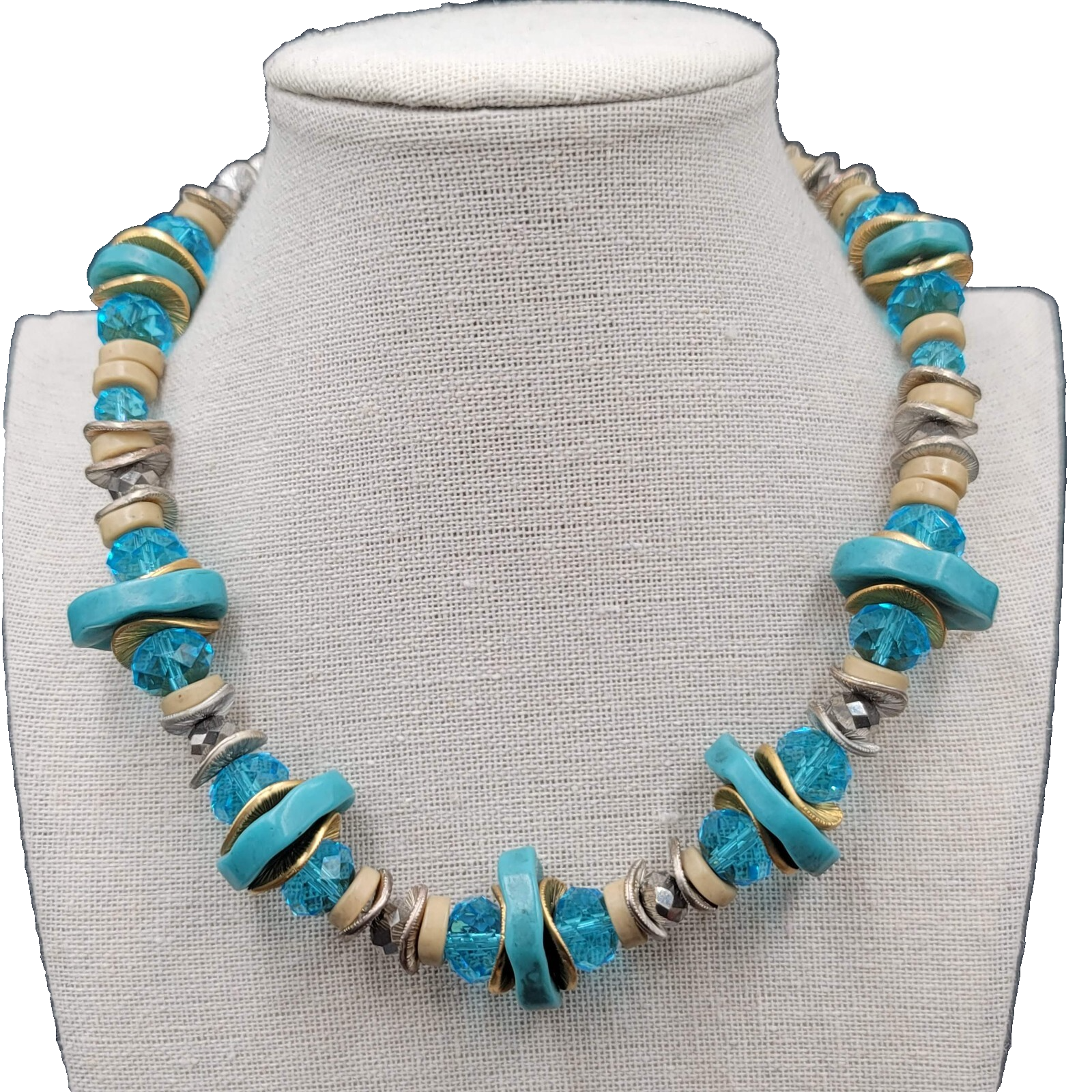 JONES NEW YORK JNY Signed Gold Tone Blue Chunky Beads Necklace 16"-19"