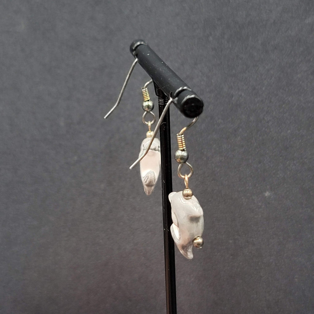 Pierced Earrings Porcelain Dolphin Dangle So Cute! 3/4"