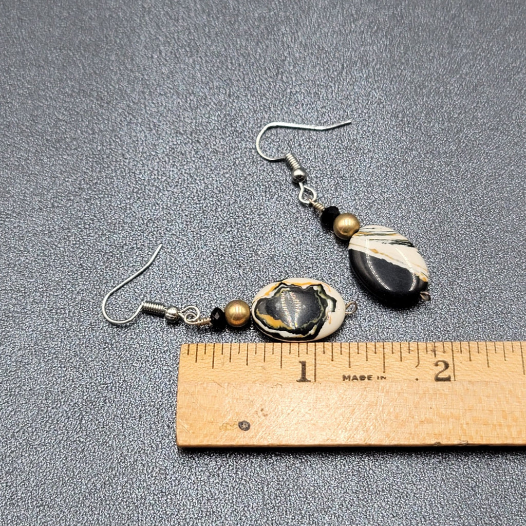 Pierced Earrings Silver tone Black White Yellow Art Glass Oval Bead Dangle 1.25"