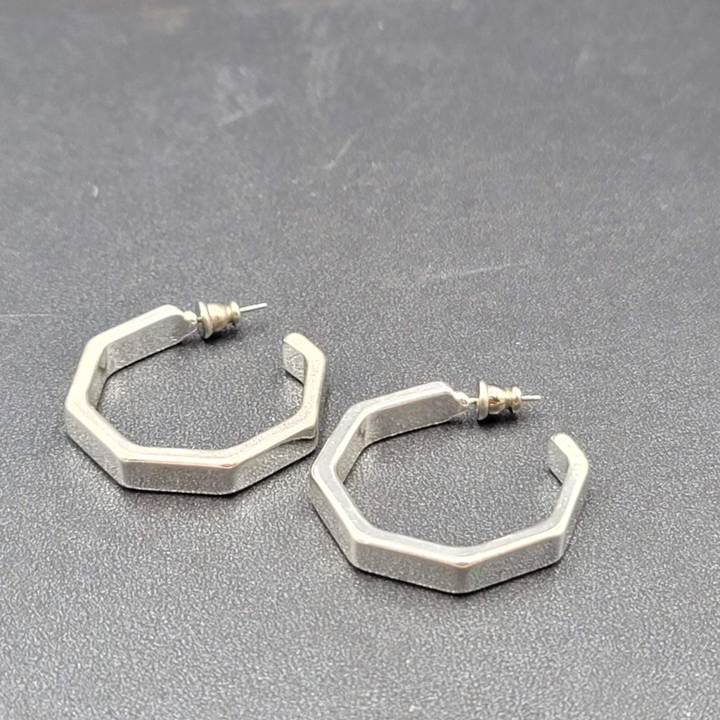 Pierced Earrings Hexagon Silver tone Hoops 1 1/8"