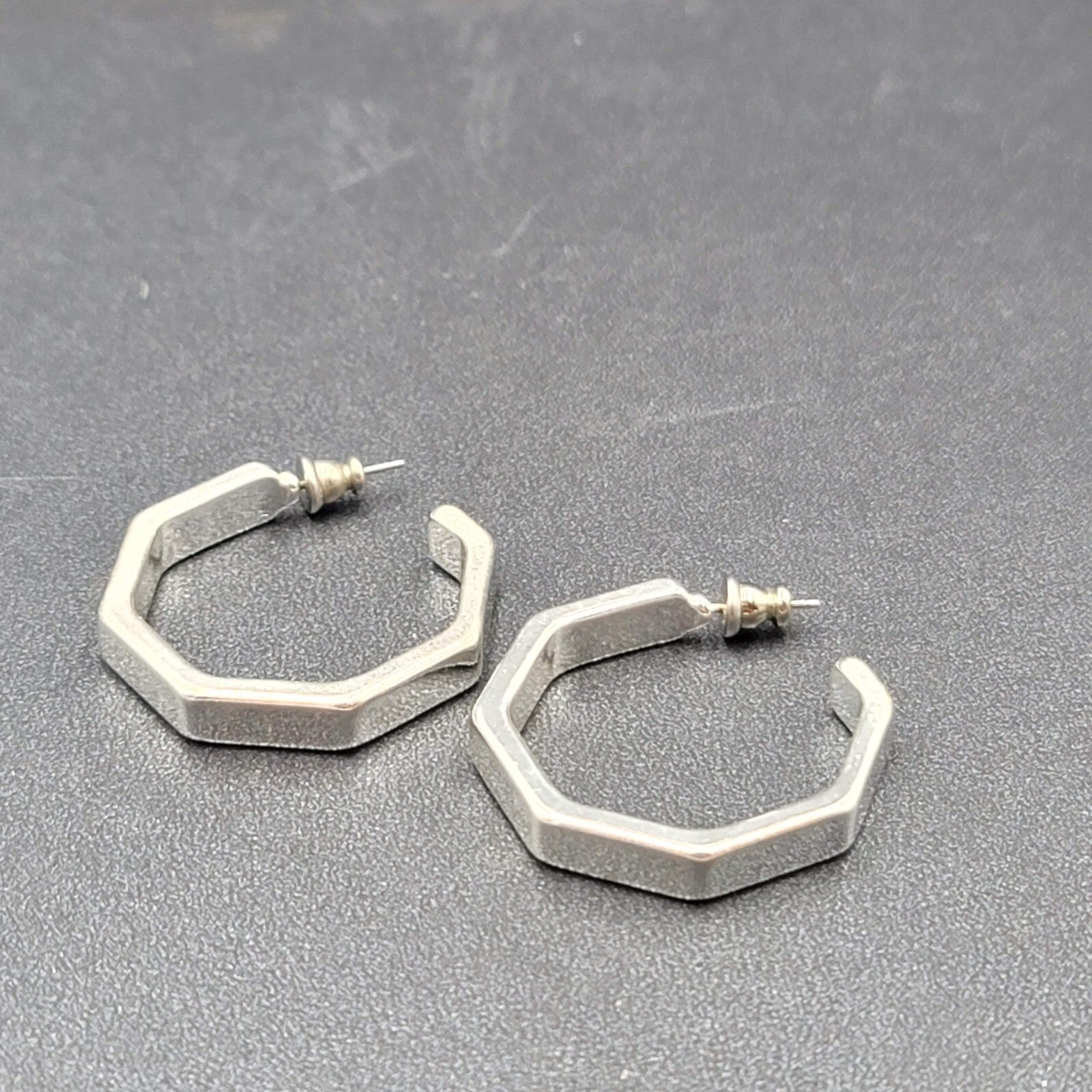 Pierced Earrings Hexagon Silver tone Hoops 1 1/8"