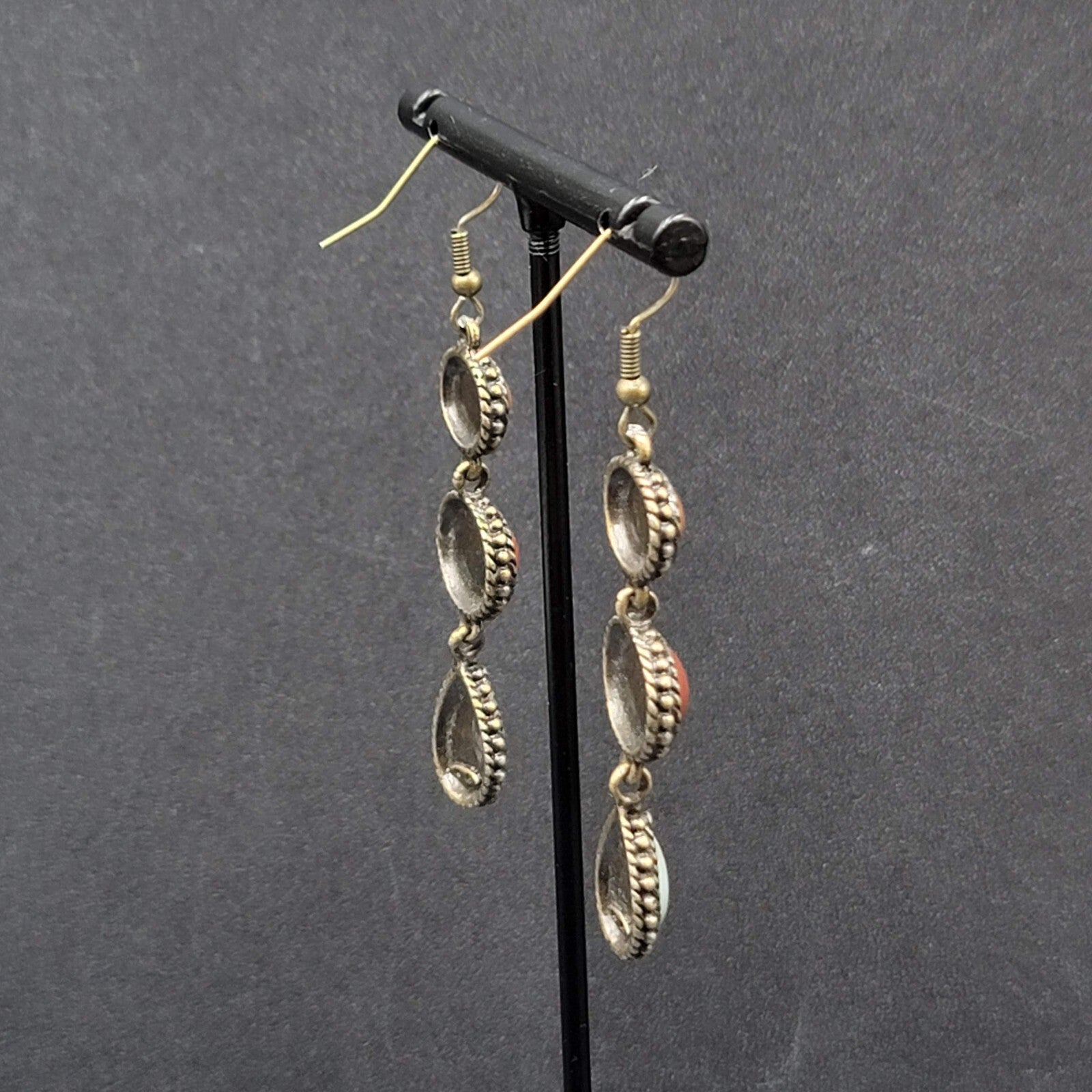 Pierced Earrings Bronze tone Dark Red Light Blue Dangle 2"