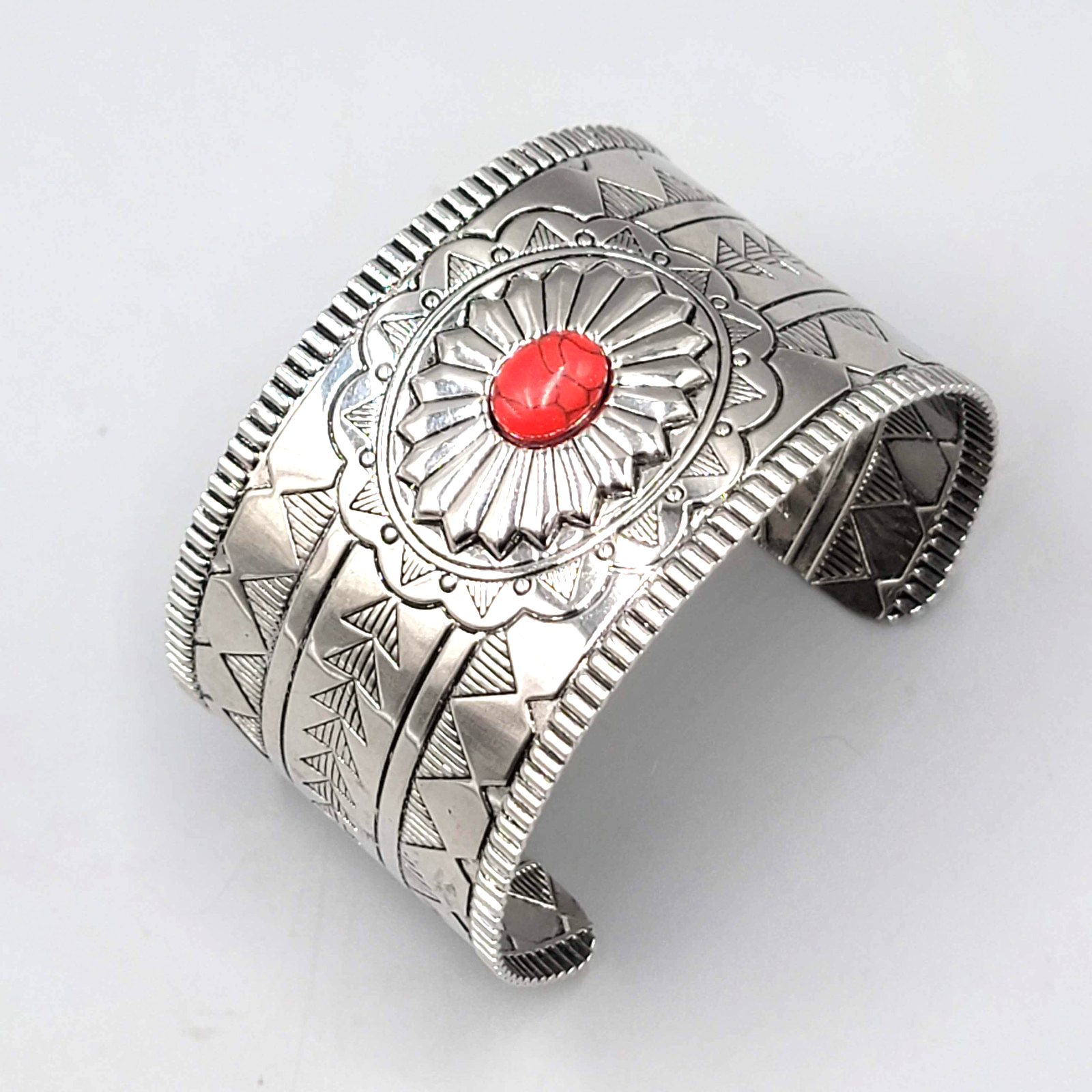 Southwest Red Accent Cuff Bracelet Silver tone 7 in