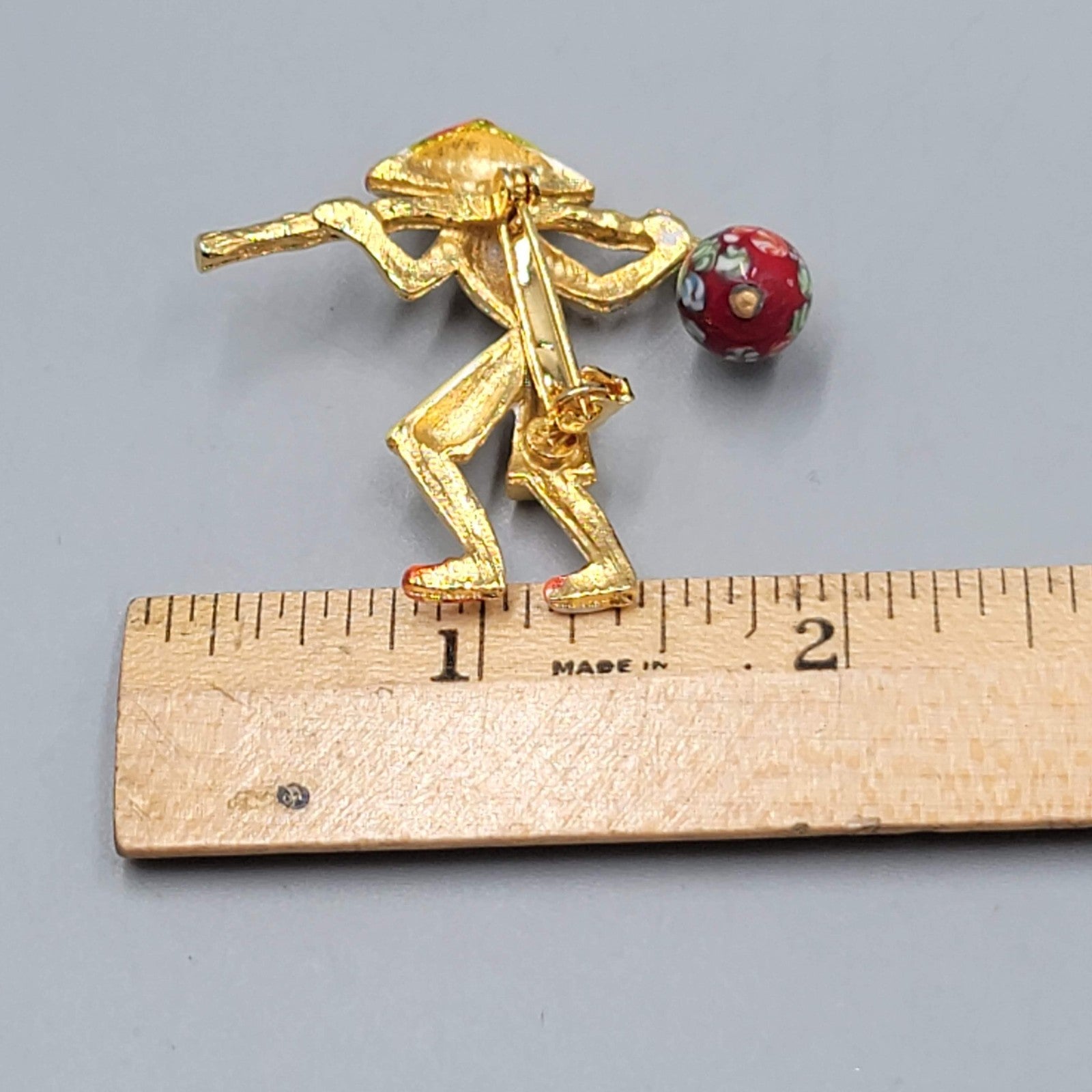 Vintage Asian Water Carrier Brooch Gold tone Enamel Flower Bead 1.5"