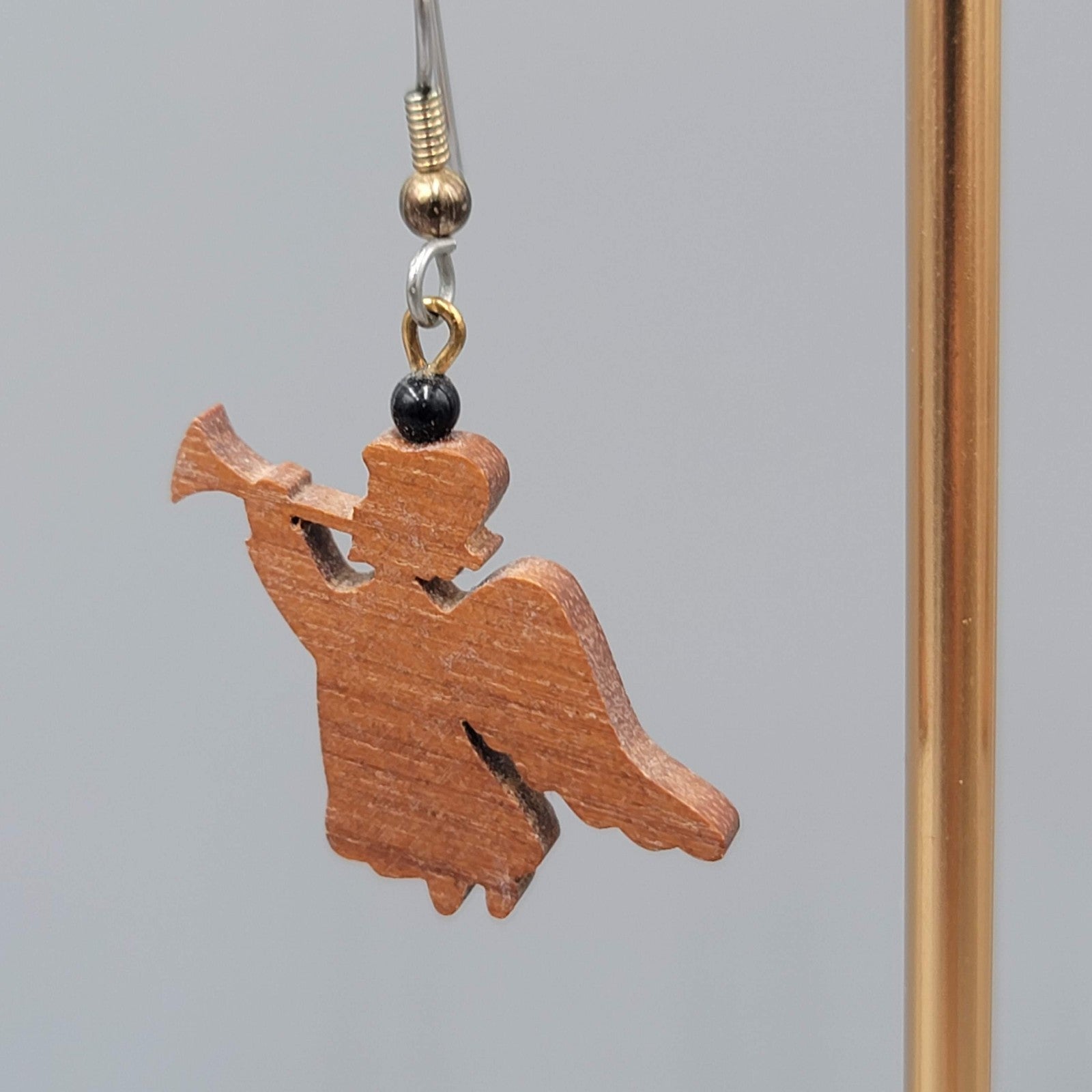Vintage Wood Angel Pierced Earrings Silver tone Dangle  1 in