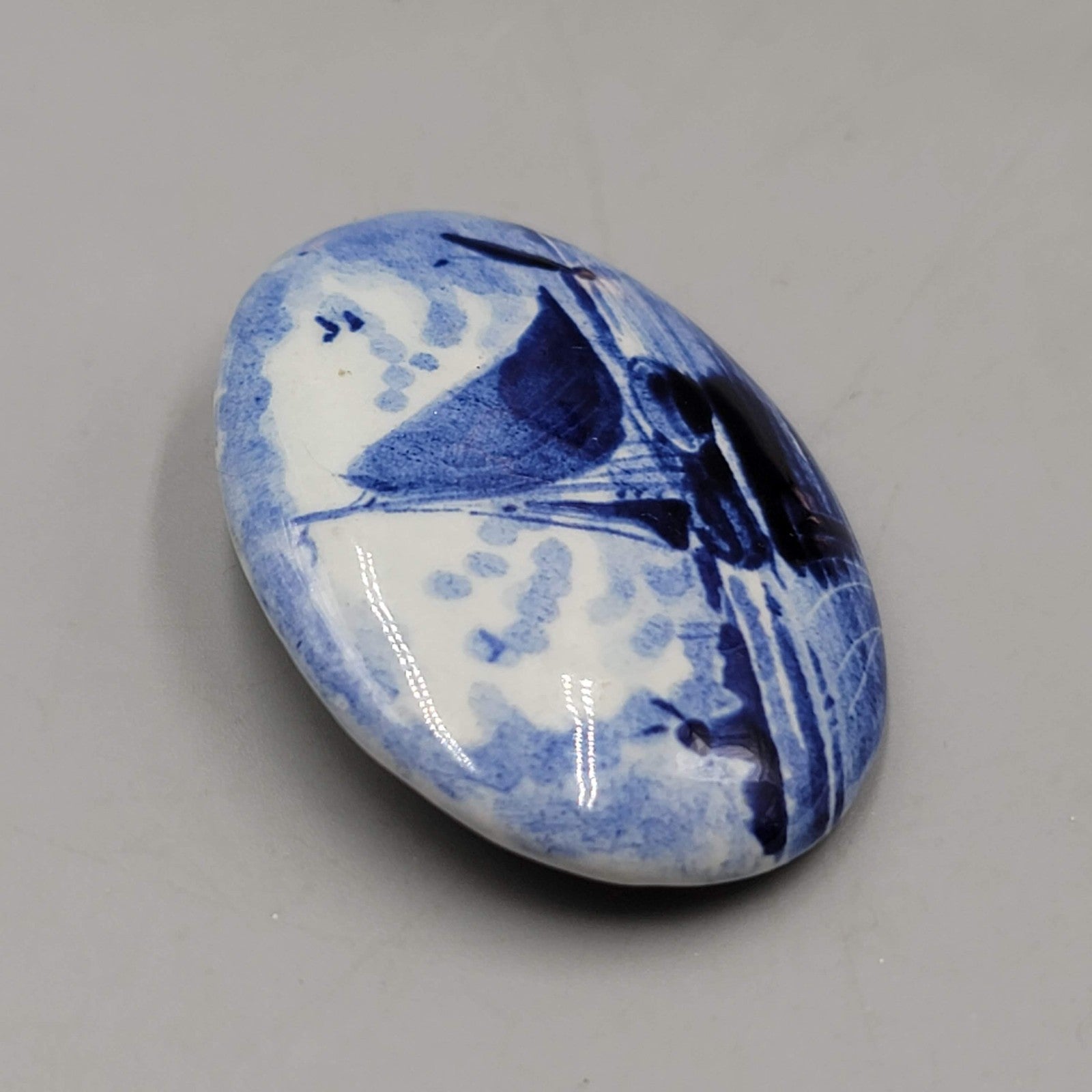 Vintage Blue White Holland Porcelain Brooch Boat Oval 2 in