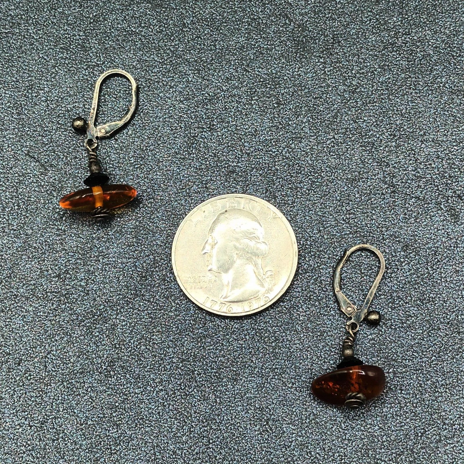 Pierced Earrings Black Metal Amber Beaded Dangle 1/2"