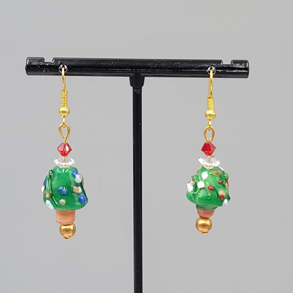 Christmas Tree Pierced Earrings Art Glass Bead Dangle 1.25"