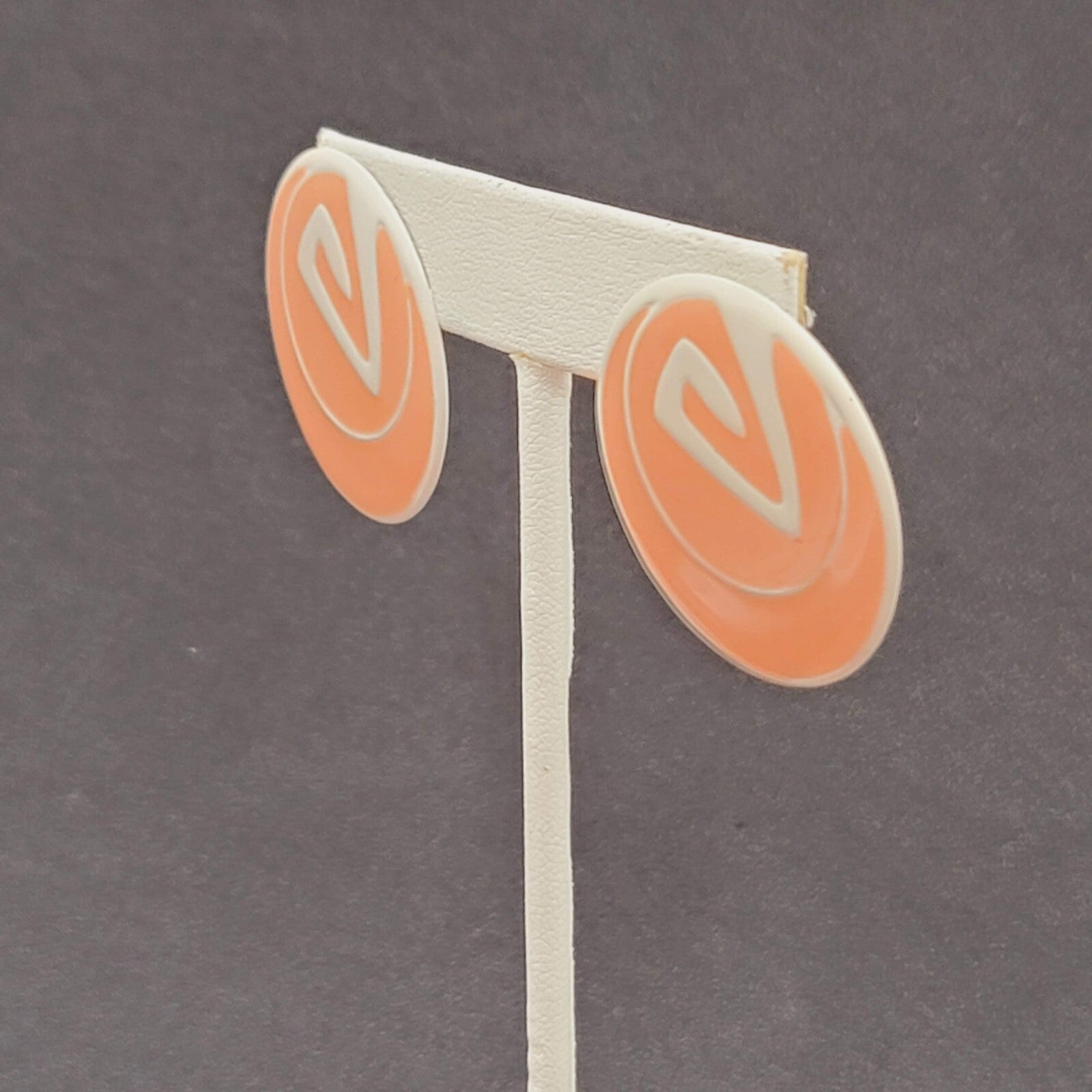 Vintage Pierced Earrings Peach White Enamel over Metal Round Drop 1.25"