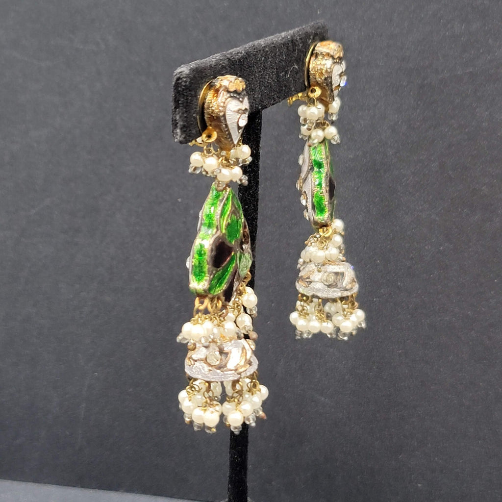 Clip on Earrings Large Enamel Guilloche Beaded Chandelier India Jewelry 2.75"