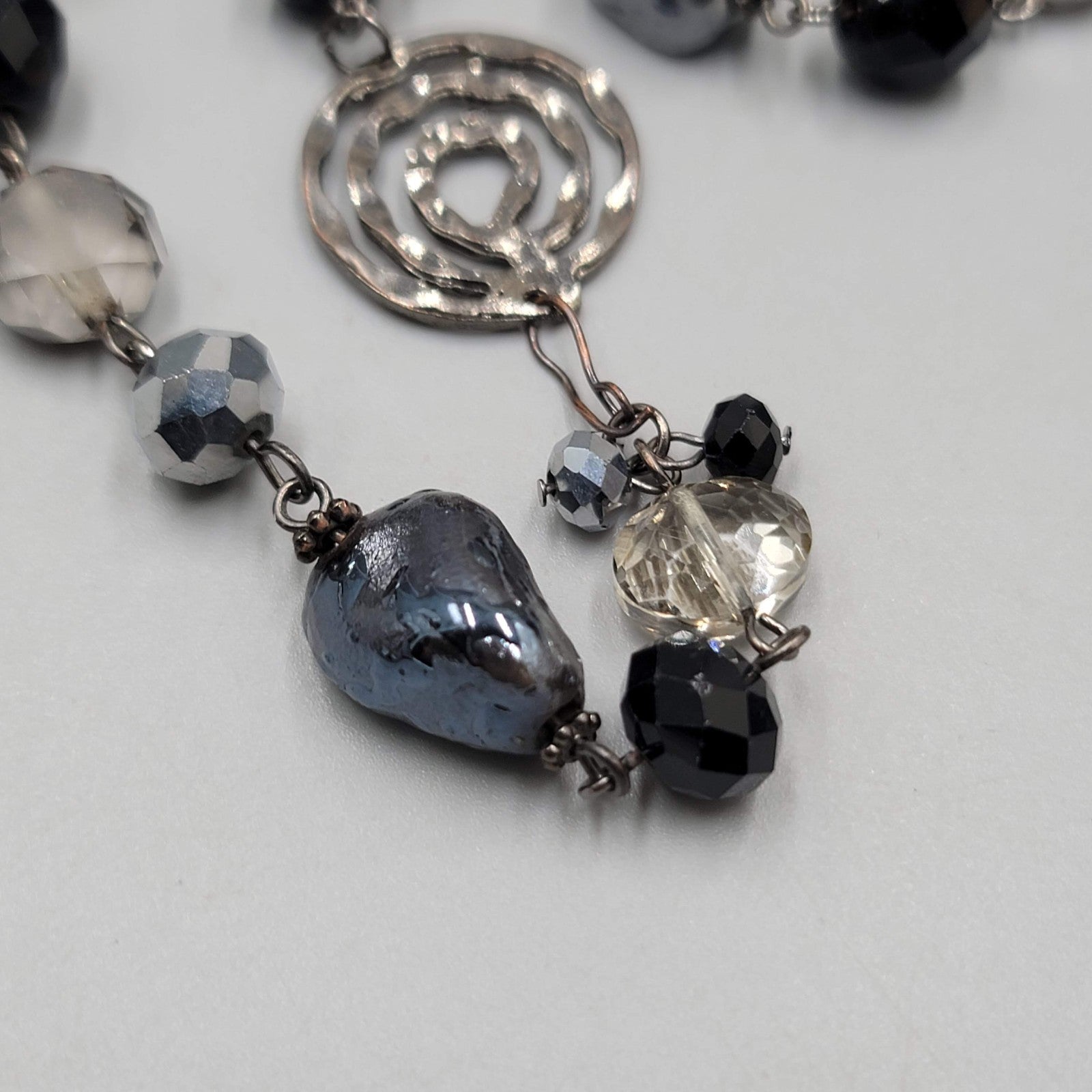 Youmi K Necklace Gunmetal Gray Metal Black Silver tone Beads 32"