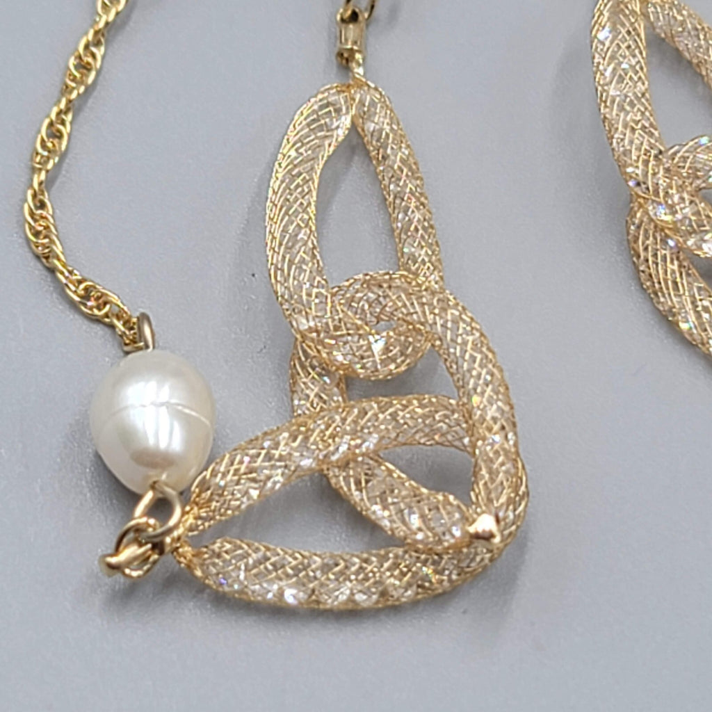 Long Dainty Pearl Necklace Gold Plated Mesh Clover Station 40"-42"