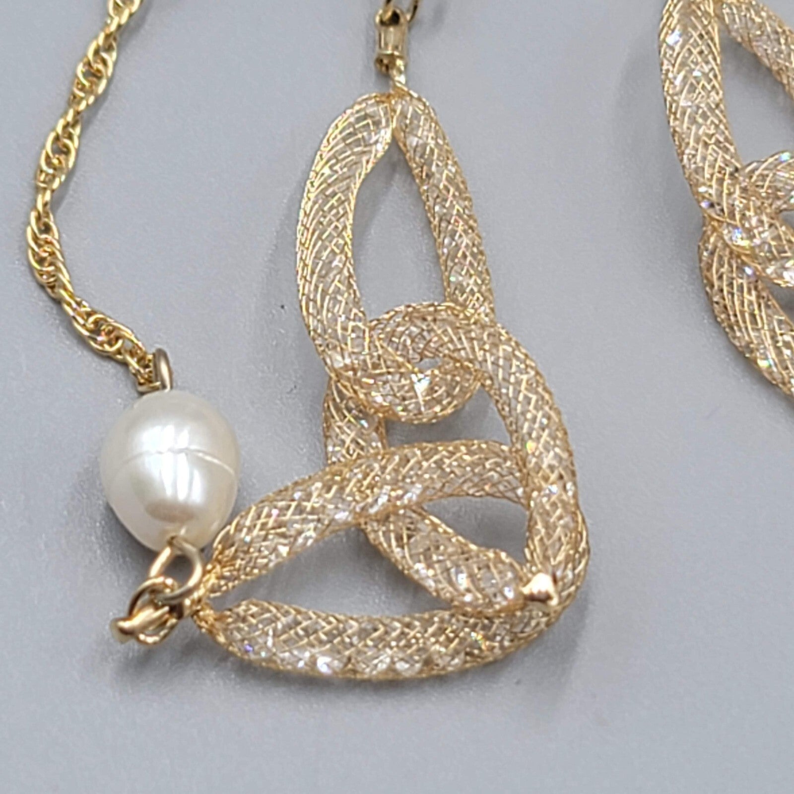 Long Dainty Pearl Necklace Gold Plated Mesh Clover Station 40"-42"