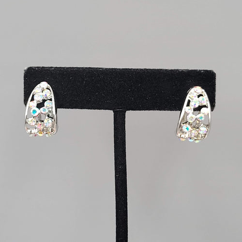 Clip on Earrings Silver tone AB Rhinestones Half Hoop Drop  3/4"