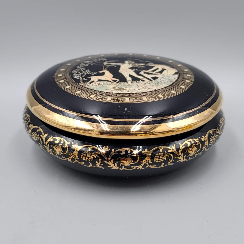 Fintias Greek Ceramic Lidded Trinket Jewelry Box Artemis Black 24K Gold Handmade