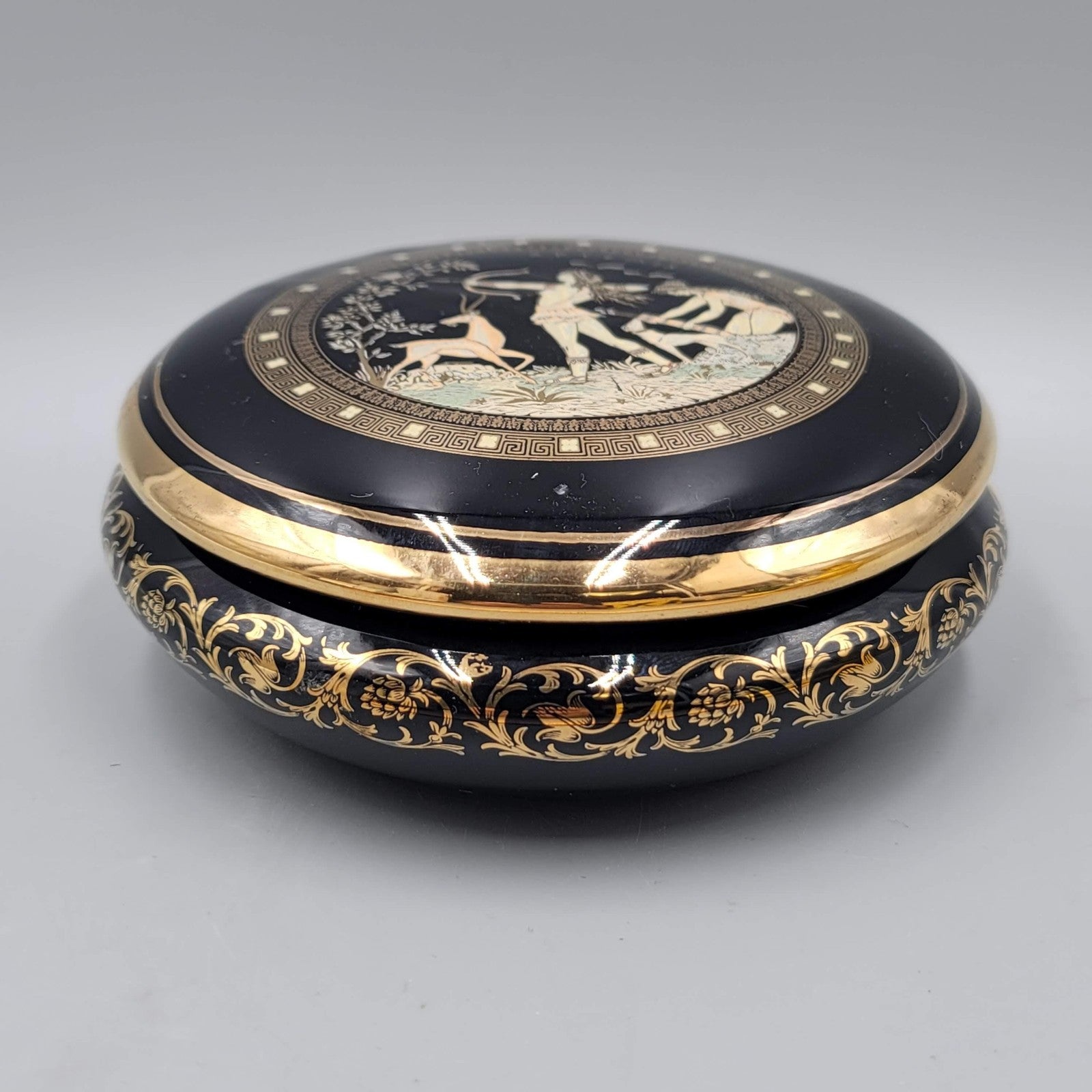 Fintias Greek Ceramic Lidded Trinket Jewelry Box Artemis Black 24K Gold Handmade
