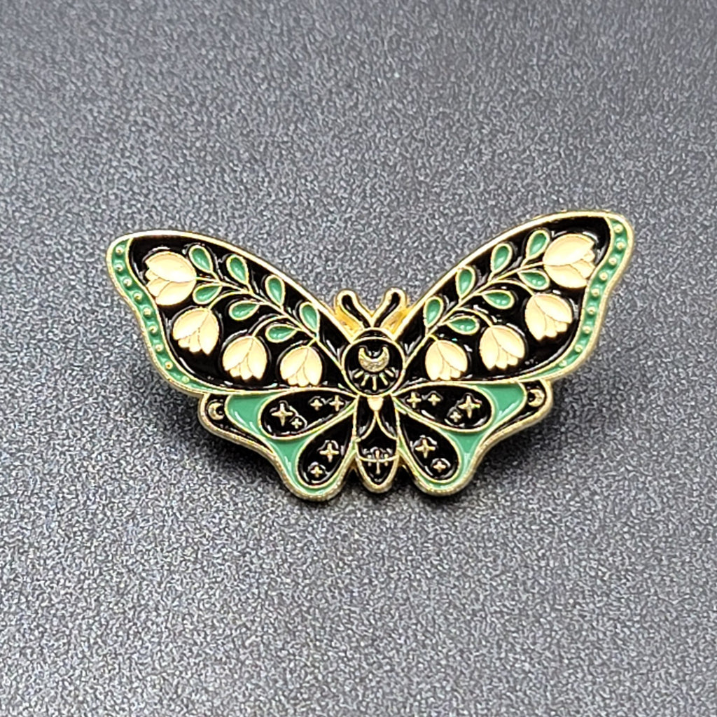 Moth Tulip Flowers Enamel Lapel Hat Pin Green Black 1.75"
