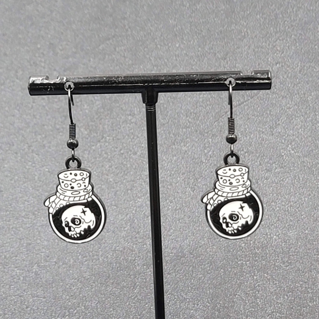 Poison Skull in Jar Pierced Earrings Black White Enamel Dangle Halloween 7/8" 