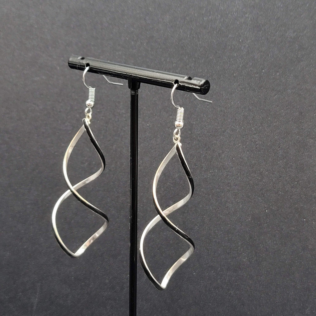 Pierced Earrings Silver tone Twist Black Enamel Long Dangle 2.25"