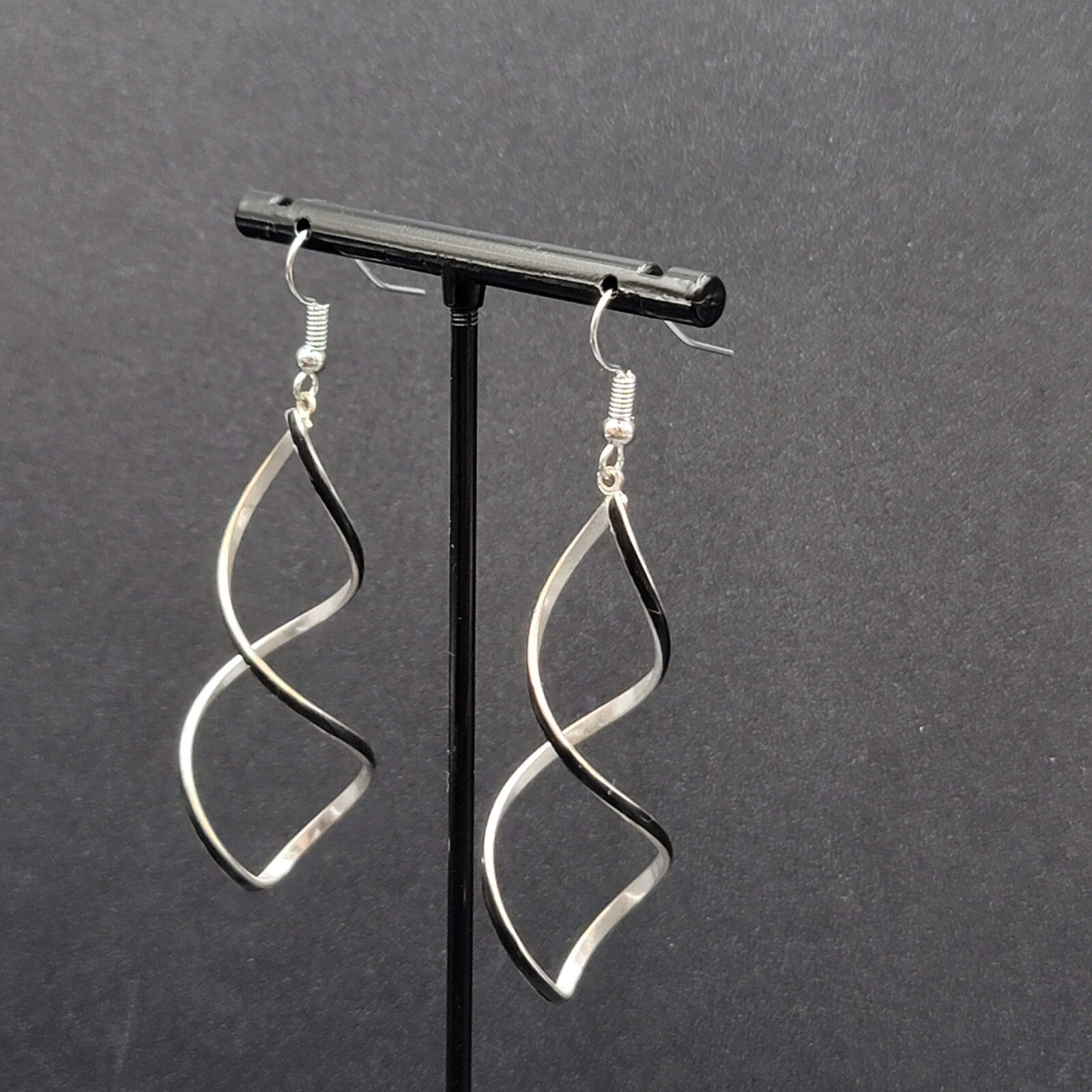 Pierced Earrings Silver tone Twist Black Enamel Long Dangle 2.25"
